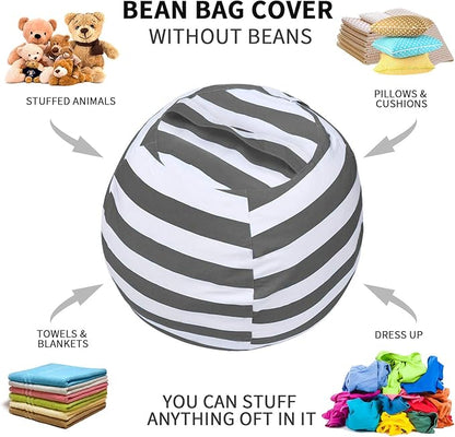 2 PCS Stuffed Animal Storage Bean Bag Chair Cover, Cotton Canvas Beanbag with Zipper for Organizing Kid's and Adults Room Grey 24"