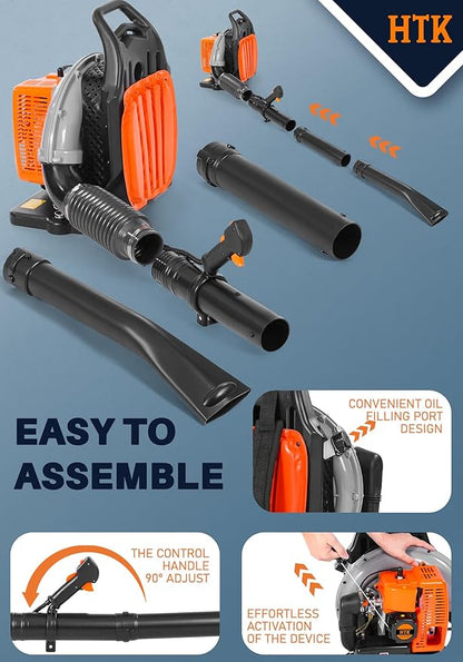 HTK 63CC Gas Backpack Leaf Blower - 2-Stroke Engine, High-Velocity 665CFM, Ergonomic & Low-Vibration, Cruise Control, Ideal for Year-Round Yard Maintenance (63CC Backpack Blower)