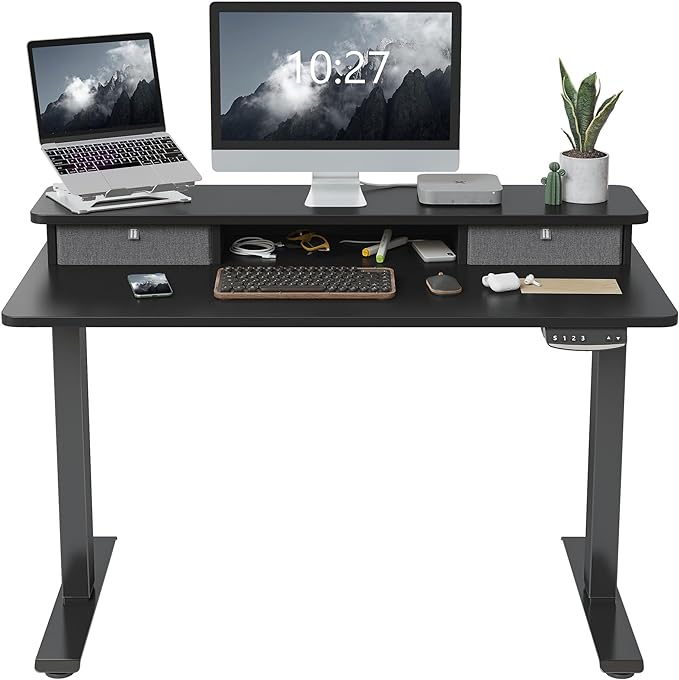 FEZIBO 40 x 24 Inch Height Adjustable Electric Standing Desk with Double Drawer, Stand Up Desk with Storage Shelf, Sit Stand Desk, Black