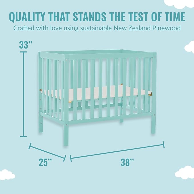 Edgewood 4-In-1 Convertible Mini Crib In Mint, JPMA Certified, Non-Toxic Finish, New Zealand Pinewood, With 3 Mattress Height Settings, Included 1" Mattress Pad