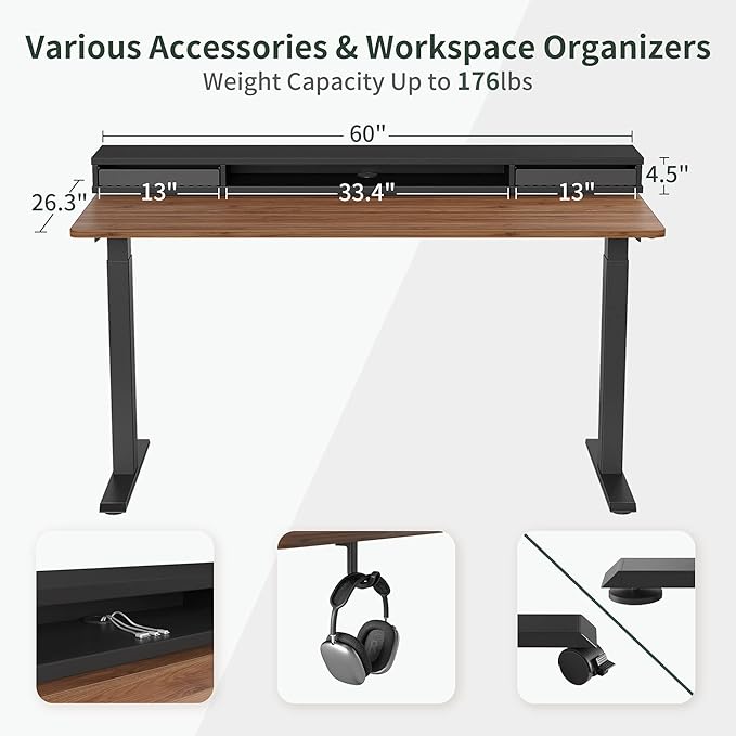 FEZIBO 60 x 24 Inch Height Adjustable Electric Standing Desk with Double Drawers, Stand Up Desk with LED Strips, Sit Stand Desk with Monitor Stand, Blcak Walnut