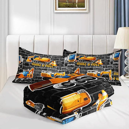 Axolotl Excavator Bedding Set Full Size,Yellow Excavator Bed Comforter for Kids Boys Teens,Tractor Truck Bedding Set for Boys,Construction Bedding Set for Boys,1 Quilt 2 Pillowcases,Deep Grey