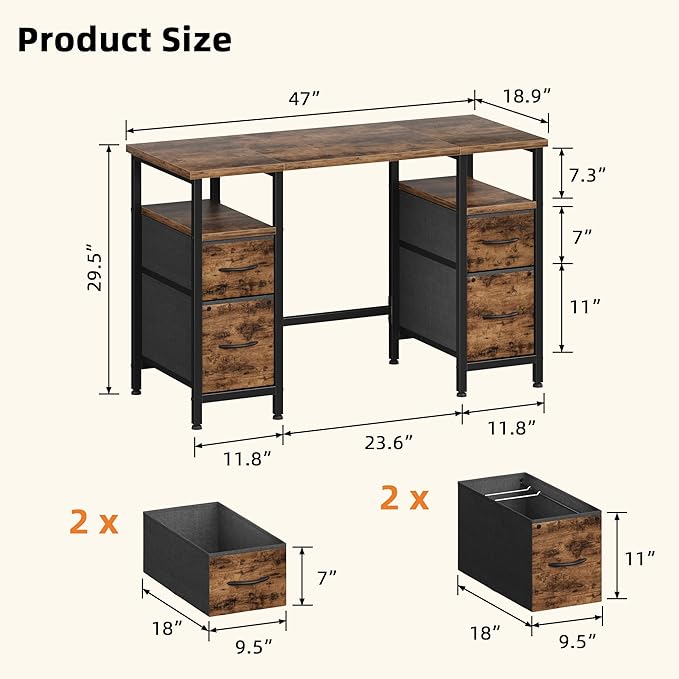 47'' Office Desk with 4 Fabric File Drawers - File Drawer Organization, Computer Work Desk, Study Writing Table, Home Office Workstation, Rustic Brown