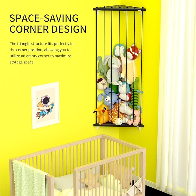 Stuffed Animal Storage Toy Organizer: Corner Stuff Animals Holder for Wall with Adjustable Length - Kids Plush Toys Storage for Nursery Playroom Bedroom Kids Room(Black)