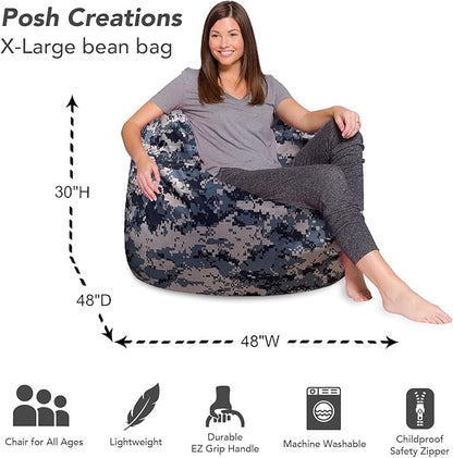 Posh Creations Bean Bag Chair for Kids, Teens, and Adults Includes Removable and Machine Washable Cover, Soft Nylon - Camo Digital, 48in - X-Large