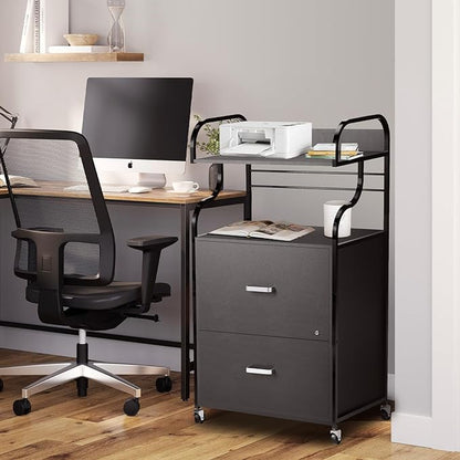 Vertical File Cabinet, 2 Drawer Mobile Filing Cabinet with 1 Bookshelf, Printer Stand with Open Storage Shelves Fits A4/Letter/Legal Size File Cabinets for Home Office Organizer, Black