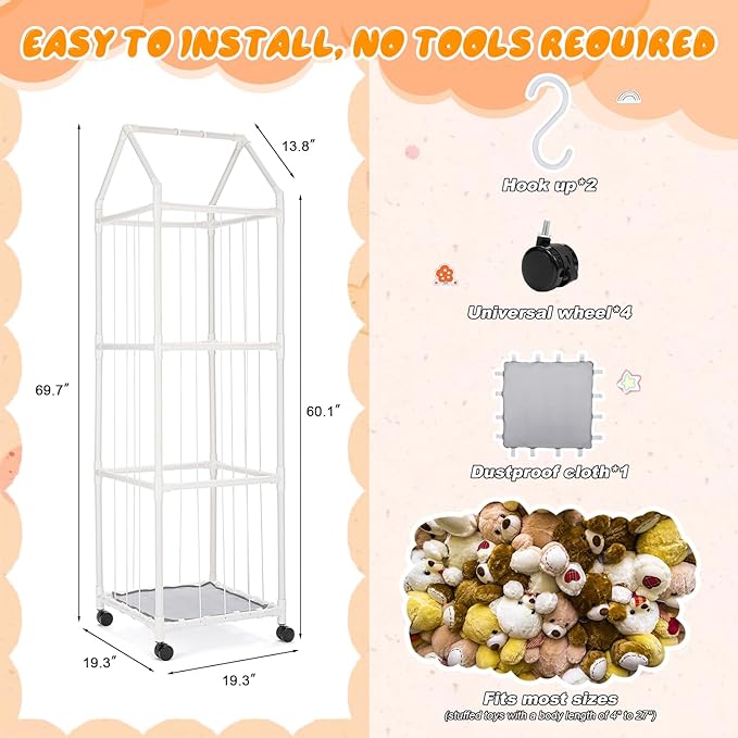 Stuffed Animal Zoo Storage, Extra Large Stuffed Animal Holder with Dust Cloth and Universal Wheels, Toy Storage Organizer, Plush Storage Organizer Shelf for Birthday Gift, Nursery Play Room Bedroom