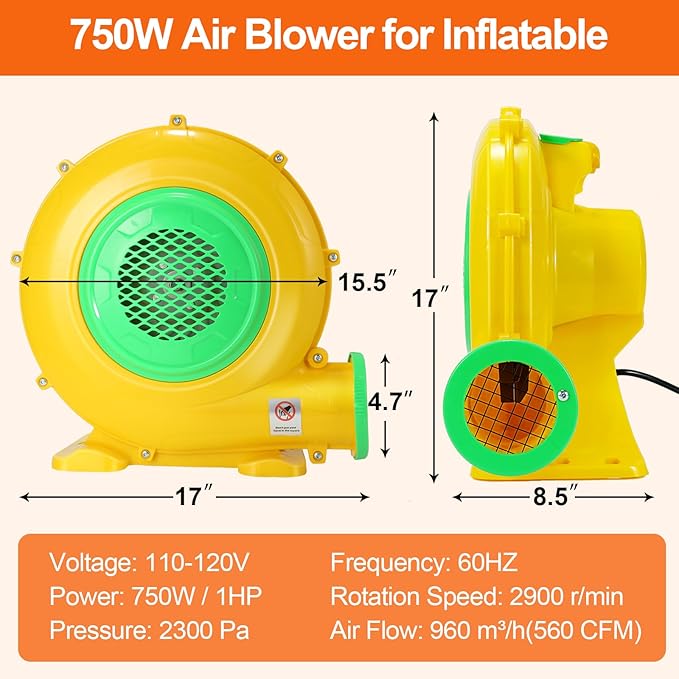 Bounce House Blower, 750W 1HP Commercial Air Blower with Double-Sided Fan Blade Design, Strong Wind and Great Heat Dissipation Properties for Medium and Large Bouncy Castle, Jump Slides, Arch