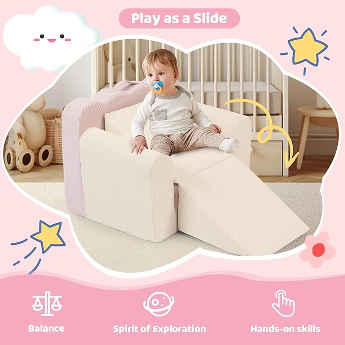 3-in-1 Toddler Chair Comfy Kids Sofa Chair,Toddler Couch Fold Out with Folding Ottomans,Foldable Baby Couch for Girls and Boys,Convertible Kids Chair Cozy to Lounger Pull Out for Playroom,Beige Pink