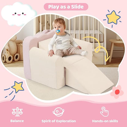 3-in-1 Toddler Chair Comfy Kids Sofa Chair,Toddler Couch Fold Out with Folding Ottomans,Foldable Baby Couch for Girls and Boys,Convertible Kids Chair Cozy to Lounger Pull Out for Playroom,Beige Pink