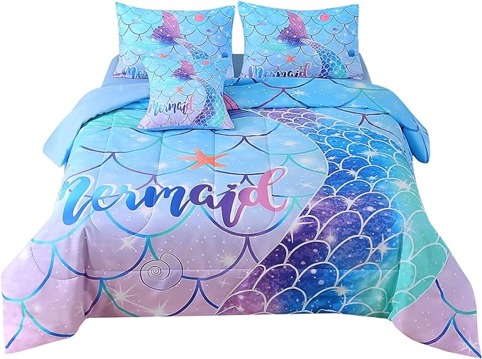 JQinHome Mermaid Comforter Set Full Size, 6 Piece Mermaid Tail Bed in A Bag,3D Colorful Mermaid Bedding Set for Girls Kids, Sparkle Teal Bedroom Decor Bedding Set with Sheets (Blue)