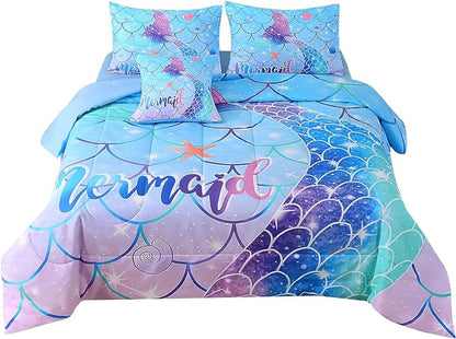 JQinHome Mermaid Comforter Set Full Size, 6 Piece Mermaid Tail Bed in A Bag,3D Colorful Mermaid Bedding Set for Girls Kids, Sparkle Teal Bedroom Decor Bedding Set with Sheets (Blue)