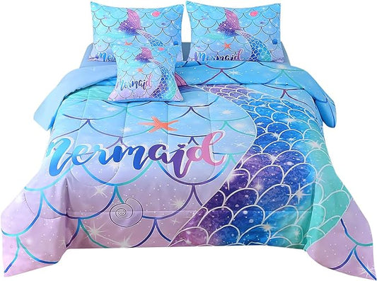 JQinHome Mermaid Comforter Set Full Size, 6 Piece Mermaid Tail Bed in A Bag,3D Colorful Mermaid Bedding Set for Girls Kids, Sparkle Teal Bedroom Decor Bedding Set with Sheets (Blue)