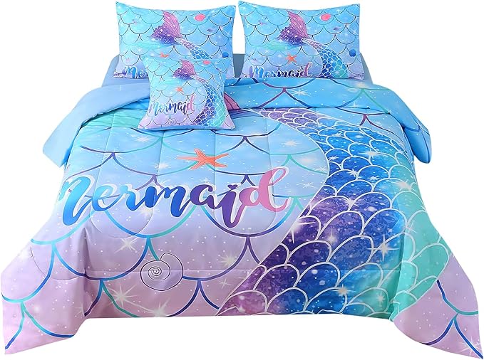 JQinHome Mermaid Comforter Set Twin Size, 6 Piece Mermaid Tail Bed in A Bag,3D Colorful Mermaid Bedding Set for Girls Kids, Sparkle Teal Bedroom Decor Bedding Set with Sheets (Blue)