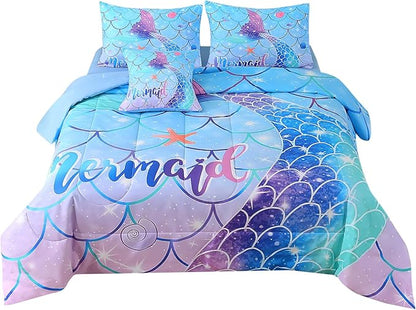 JQinHome Mermaid Comforter Set Twin Size, 6 Piece Mermaid Tail Bed in A Bag,3D Colorful Mermaid Bedding Set for Girls Kids, Sparkle Teal Bedroom Decor Bedding Set with Sheets (Blue)
