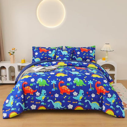 Dinosaur Comforter Set for Boys, 6 Pcs Bed in a Bag Twin Blue Dinosaur Wild Park Jungle Print Kids Bedding Set with Sheets