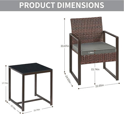 3 Pieces Patio Furniture Set Outdoor Wicker Bistro set Rattan Chair Conversation Sets with Coffee Table for Porch, Balcony,Garden,Backyard and Removable Cushions Grey