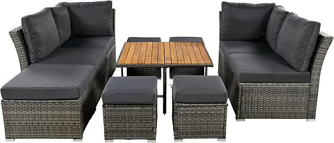 9-Pieces Outdoor Rattan Sectional Sofa Set, Wicker Patio Conversation Furniture with L-shape Couch&Storage Ottomans, Acacia Wood Coffee Table, for Garden Yard, Grey Wicker&Grey Cushion