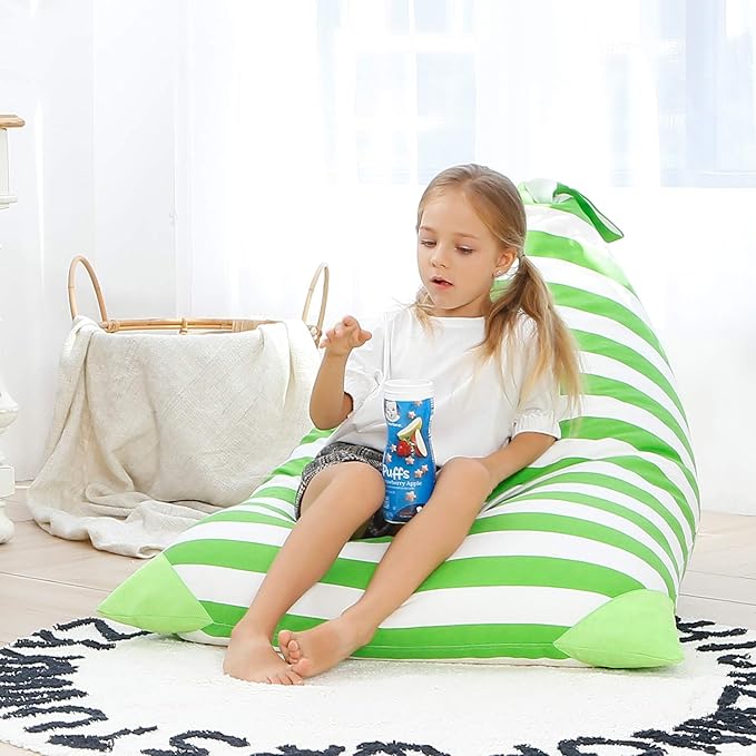 Aubliss Stuffed Animal Storage Bean Bag Chairs Cover, 50"x 35" Extra Large Bean Bags Chair for Kids & Adults, Beanbag Toy Storage for Boys Girls - Premium Cotton Canvas Green Stripe