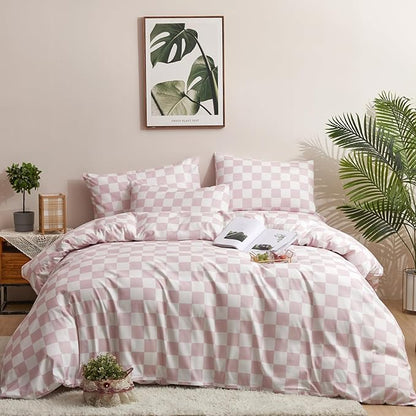 Pink White Grid Comforter Set Cal King Pink Plaid Bedding Set Women Pink and White Checkered Bed Comforter Set Breathable Blanket Set Men Durable Bedding Comforter Set