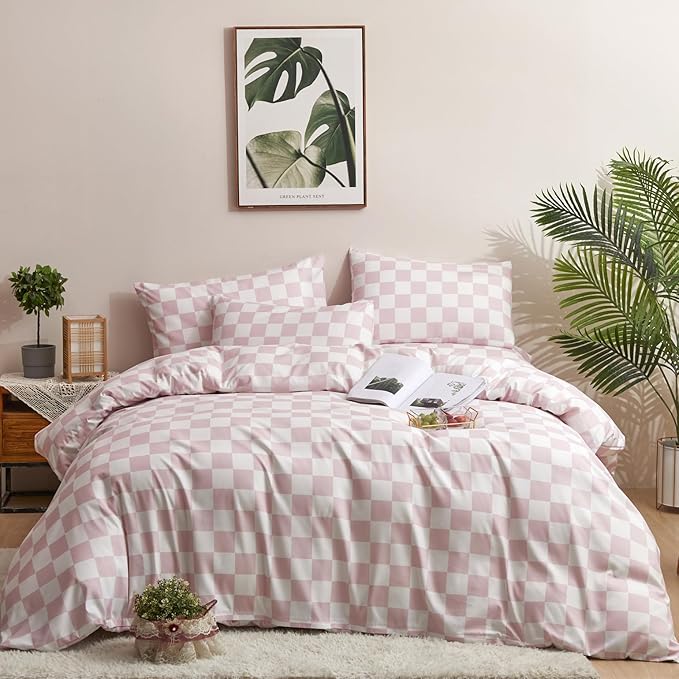 Pink Grid Comforter Set Queen Pink Plaid Bedding Set Women Pink and White Checkered Bed Comforter Set Girls Breathable Blanket Set Women Durable Bedding Comforter Set Queen