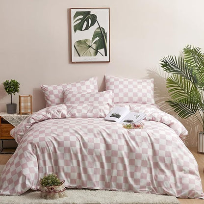 Pink Grid Comforter Set Queen Pink Plaid Bedding Set Women Pink and White Checkered Bed Comforter Set Girls Breathable Blanket Set Women Durable Bedding Comforter Set Queen