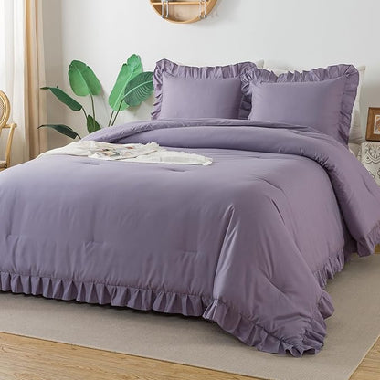 Andency Grayish Purple Comforter Set Full Size, 3 Pieces Lightweight Soft Rustic Ruffle Comforter Women Man, Solid Farmhouse Shabby Chic Microfiber Bedding Comforter Sets for All Season