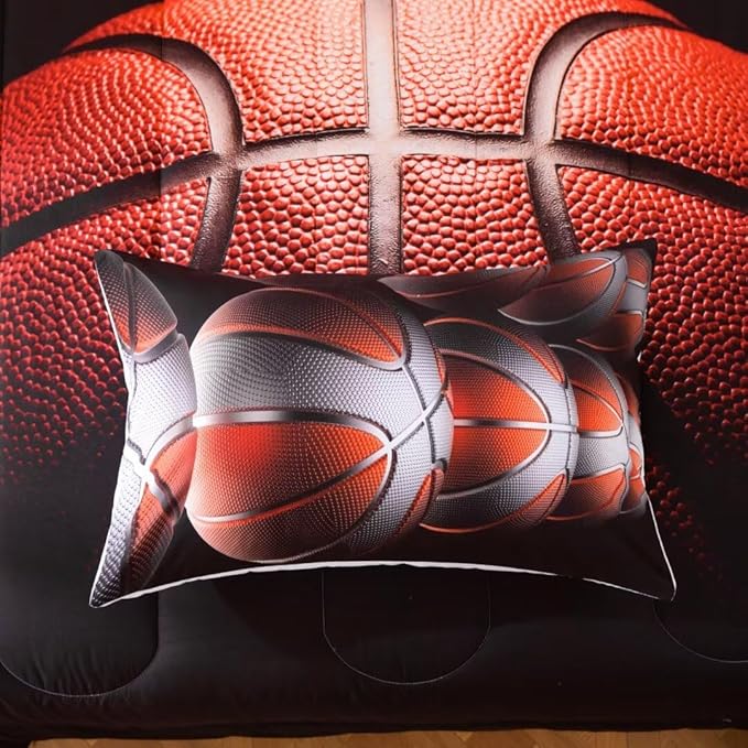Teens Boys Sports Comforter Set Twin,Basketball Bedding Set for Kids,Sports Orange Basketball Comforter Sets,Black Teenage Boy Bedroom Bed Set 3 Pieces with Pillowcases