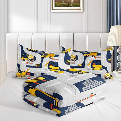 Axolotl Cartoon Excavator Bedding Set Queen,Tractor Truck Bedding Set,Boys Construction Bedding Set,Yellow Vehicles Truck Comforter Construction Site Decor for Kids Boys Teens,1 Quilt 2 Pillowcases