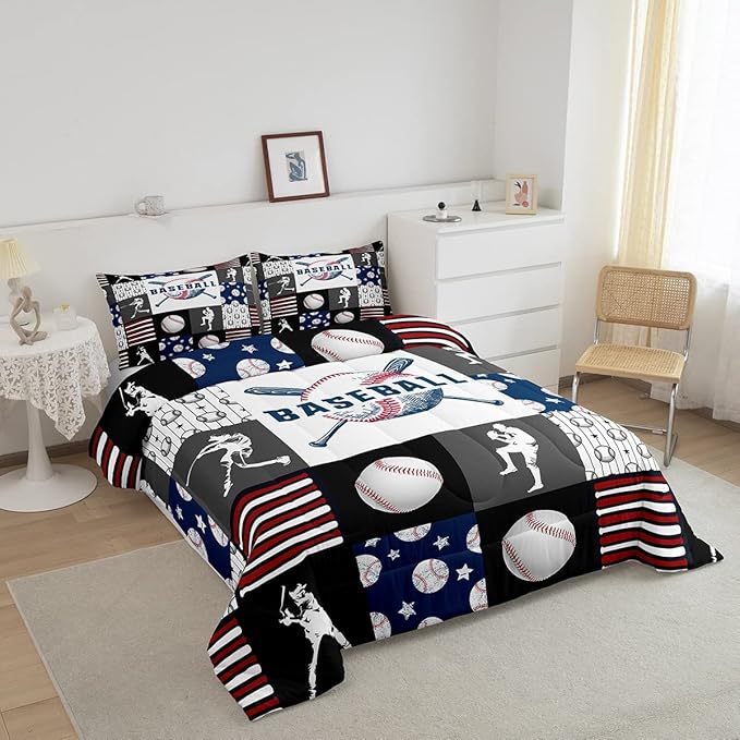 Teen Boy Sports Baseball Queen Bedding Set,Kids Baseball Athlete Comforter Set,Grunge Hippie Tie Dye Ball Bed Comforter Sets Room Decor Patchwork Pattern 2 Pillow Cases（Red Blue Black White Grey）