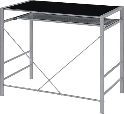 OSP Home Furnishings Zephyr Computer Desk with Keyboard Shelf and Tempered Glass Top, Black Glass and Silver Frame