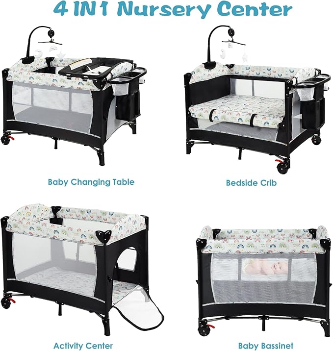 Kinder King 4 in 1 Portable Nursery Center, Foldable Baby Bedside Crib w/Bassinet, Infant Pack n Play Playard Toddler Large Playpen, Newborn Changing Table, Storage Basket, Side Zipper,Multicolour