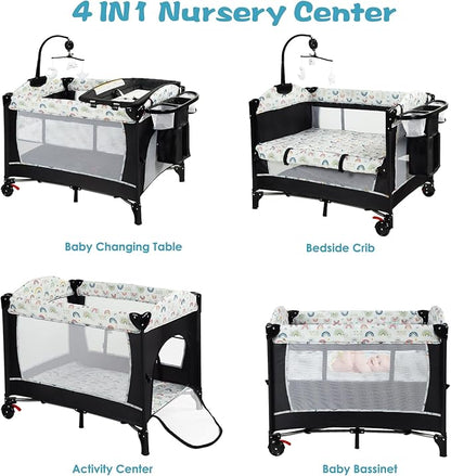 Kinder King 4 in 1 Portable Nursery Center, Foldable Baby Bedside Crib w/Bassinet, Infant Pack n Play Playard Toddler Large Playpen, Newborn Changing Table, Storage Basket, Side Zipper,Multicolour