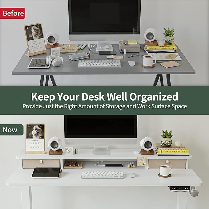 FEZIBO 40 x 24 Inch Height Adjustable Electric Standing Desk with Double Drawer, Stand Up Desk with Storage Shelf, Sit Stand Desk, White