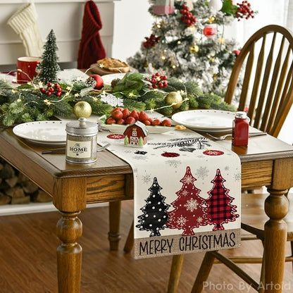 Artoid Mode Red Pine Trees Merry Christmas Table Runner, Winter Xmas Holiday Kitchen Dining Table Decoration for Home Party Decor 13x108 Inch