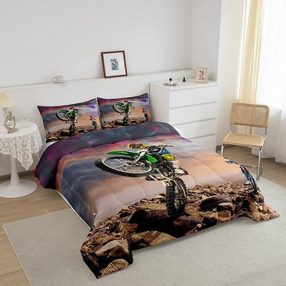 Dirt Bike Comforter Set for Boys Bedroom Motocross Rider Extreme Sports Duvet Insert Mountain Bike Bedding Quilted Set Kids Motorcycle Motorbike Down Comforter,Soft Lightweight for All Season,Full