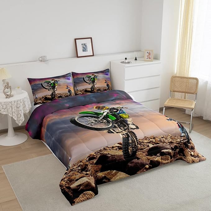 Dirt Bike Comforter Set for Boys Bedroom Motocross Rider Extreme Sports Duvet Insert Mountain Bike Bedding Quilted Set Kids Motorcycle Motorbike Down Comforter,Soft Lightweight for All Season,Queen