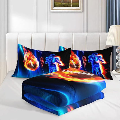 Axolotl Football Comforter Queen,Cool Blue Football Bedding Sports Theme Comforter Set For Boys,3D Rugby Sports Bedding Set Football Player On Fire For Boys Kids Teens,1 Quilt 2 Pillowcases,Black Blue