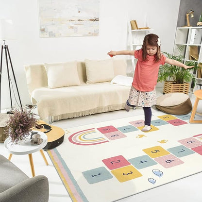 Topotdor Rainbow Sky Hopscotch Game Rugs,Kids Play Area Rugs Soft Floor Carpet for Bedroom Playroom Nursery,Great Gift for Girls & Boys,47" x 71"