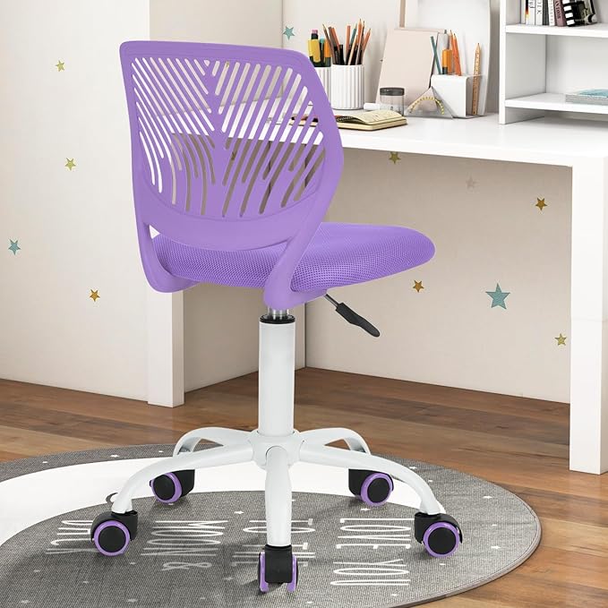 FurnitureR Desk Chair Small Study Chairs Armless for Child Kids Teens, Swivel Rolling Lightweight Mid Back Task Chair with Wheels and Mesh Padded Cushion, Purple
