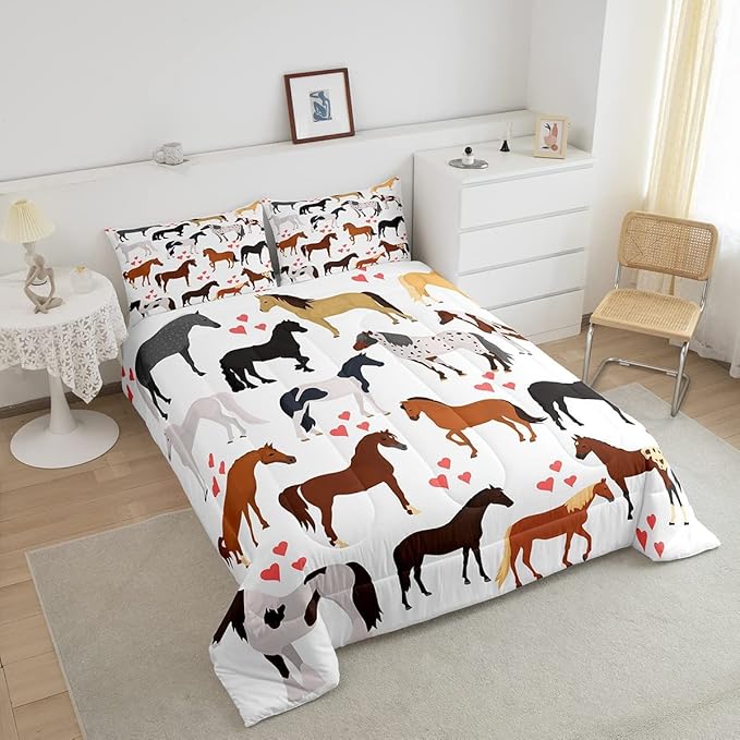 Erosebridal Kawaii Comforter Horse Comforter Set King Farm Bedding Set Kids Boys Girls Cute Animal Duvet Set Cartoon Horses with Pink Lover Heart Bedroom Decor Duvet Set Cowboy Cowgirls Comforter Set