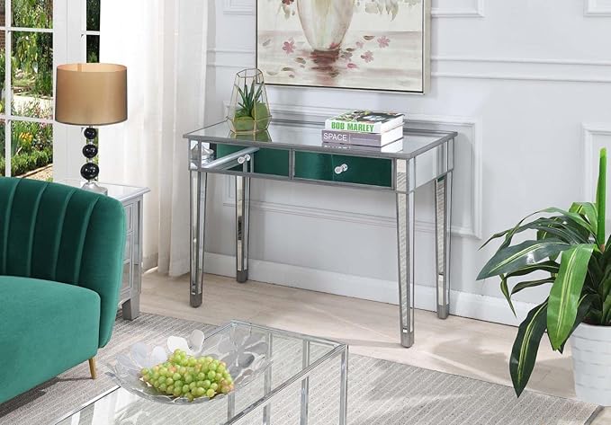 Convenience Concepts Gold Coast Mirrored Desk 42" - Console Table with 2 Drawers for Storage in Living Room, Office, Antique Silver/Mirror