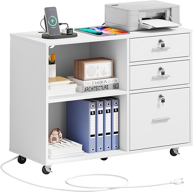 DWVO 3 Drawer File Cabinet with Charging Station, Mobile Filing Cabinet with Lock, White