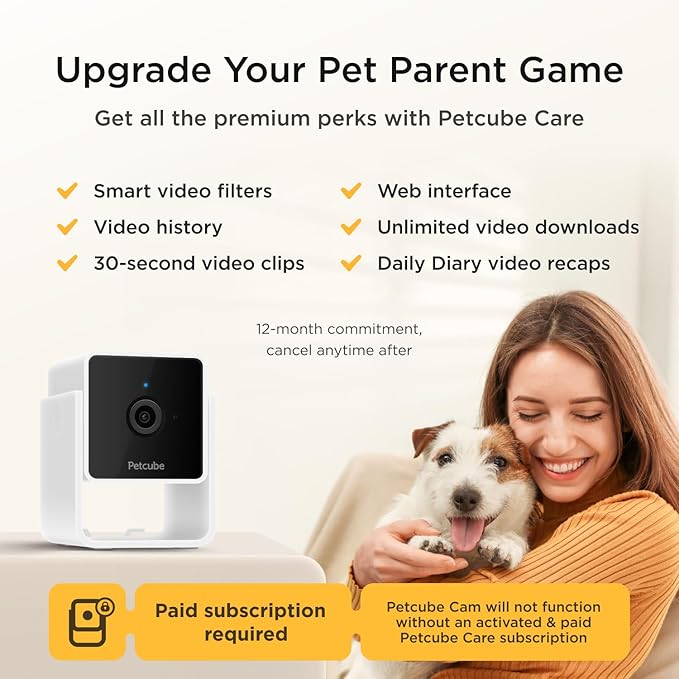 Petcube Cam and Care Coverage Subscription | Indoor Wi-Fi Pet and Security Camera with Phone App, Cats and Dogs Monitor with 2-Way Audio and Video, Night Vision