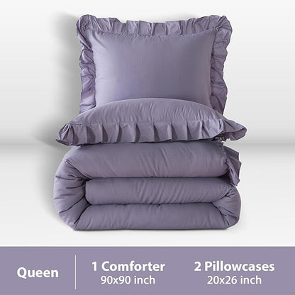 Andency Grayish Lavender Purple Queen Comforter Set, 3 Pieces Solid Ruffle Bedding Comforter Sets for Queen Bed, Lightweight Fluffy Soft Microfiber All Season Bedding Set