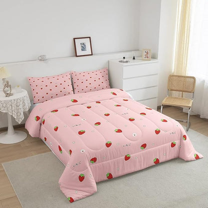Girls Strawberry Comforter Set Twin Kawaii Strawberry Comforter For Kids Japanese Style Pink Cute Cartoon Fruit Food Theme Bedding Set Girly White Floral Down Comforter Reversible Soft Lightweight