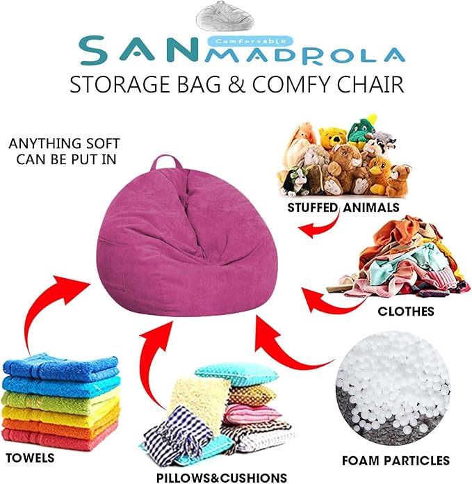 Stuffed Animal Storage Bean Bag Chair Cover (No Beans) for Kids and Adults.Soft Premium Corduroy Stuffable Beanbag for Organizing Children Plush Toys or Memory Foam Extra Large (RoseRed)