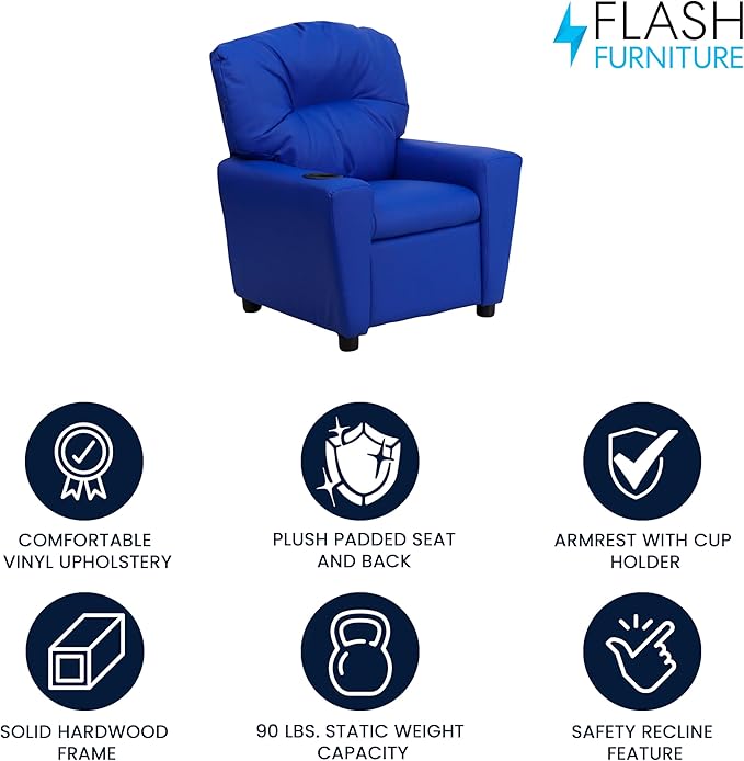 Flash Furniture Chandler Vinyl Kids Recliner with Cup Holder and Safety Recline, Contemporary Reclining Chair for Kids, Supports up to 90 lbs., Blue