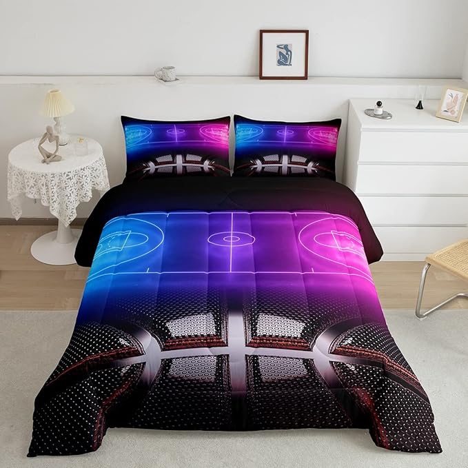 Erosebridal Sports Basketball Queen Comforter Set for Teen Boys Girls Neon Basketball Court Bedding Set,Ball Competitive Games Comforter Soft Lightweight Quilt Duvet Set 2 Pillow Cases Bedroom Decor