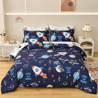 Rocket Comforter Set Full Size, 8 Piece Bed in a Bag Space Bedding Sets for Boys Girls Kids